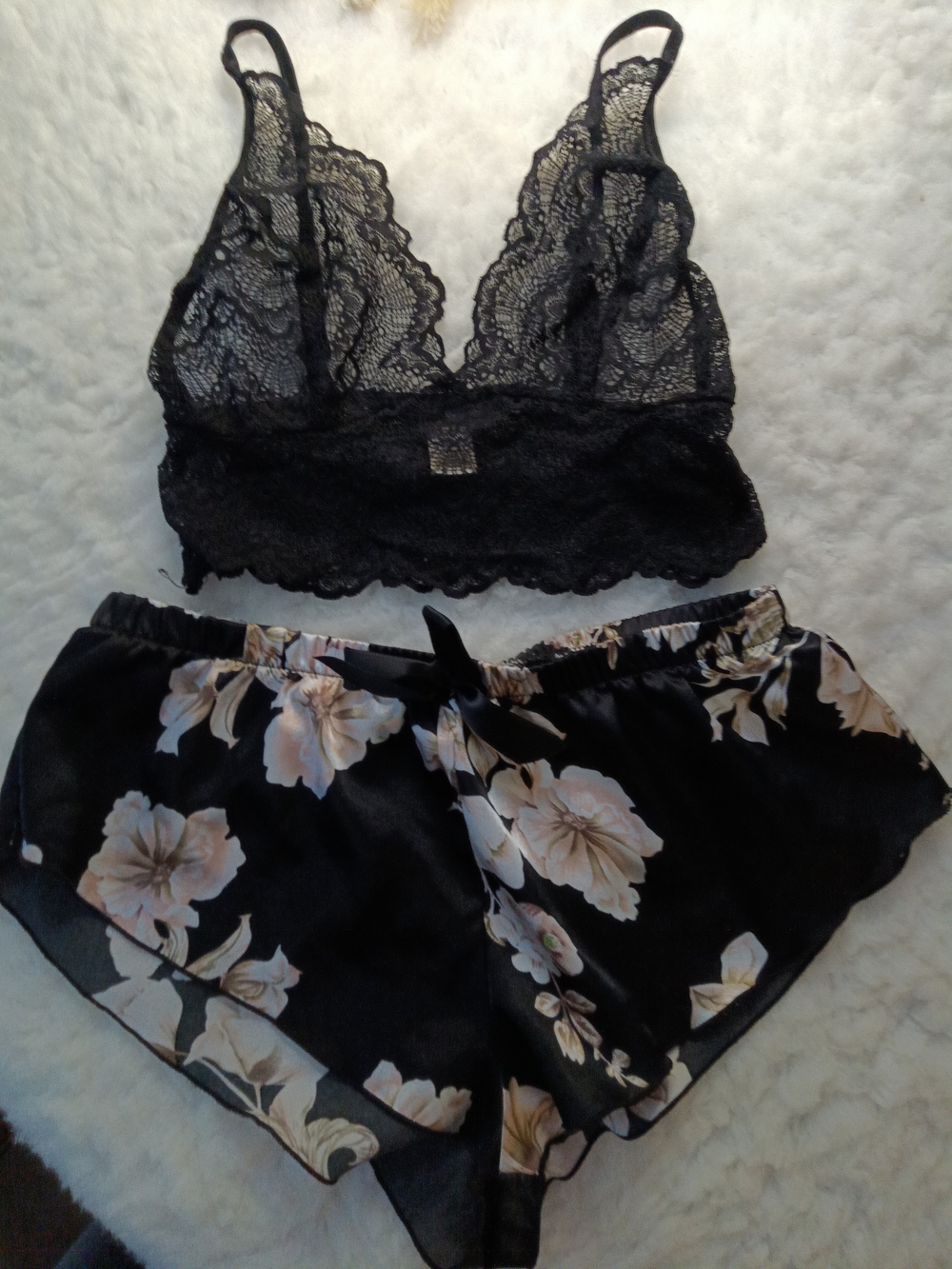 Bozzolo Black Lace Bralette with Black Floral Satin Shorts